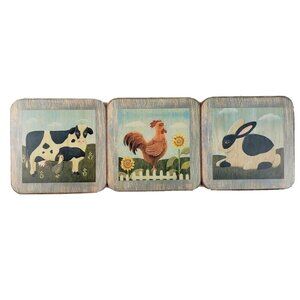 Pimpernel Coasters Set of 3 Primitive Folk Art Bunny Rooster Cow Barnyard Farm